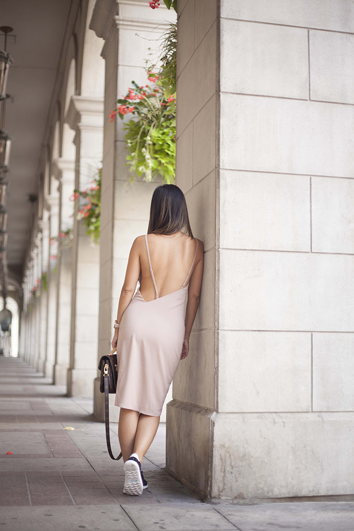 Shop Tobi Backless Nude Dress and Shoeme Native sneakers